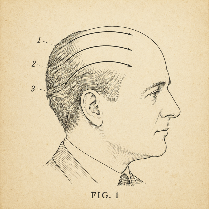 Patent-style diagram of a head showing a comb-over technique